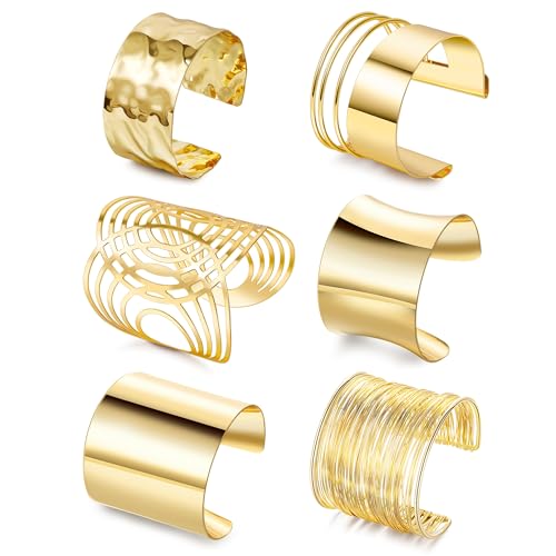 REVOLIA 6Pcs Chunky Cuff Bracelets Set for Women Minimalist Irregular Statement Wrist Cuff Adjustable Hammered Bangles Bracelets Open Wide Wire Arm Cuff Bracelet - color: Gold-A