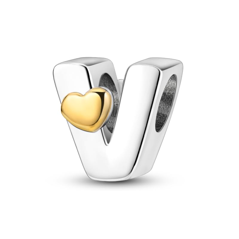 Women 925 Sterling Silver Charms A-Z Heart Letters Beads Pendant for Bracelets Women Fit Pandora Bracelets Hypoallergenic Beads - color: V