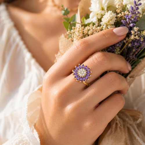 Sunflower Fidget Ring for Women Gold Anxiety Crystal Rings Cubic Zirconia Sunflower Open Adjustable Fidget Ring Spinner Sun Ring for Men Trendy Jewelry - color: Gold Purple