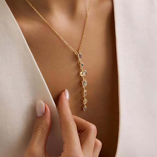 18K Gold Plated Seven Chakra Necklace for Women, Dainty Y Necklace Lariat Drop Pendant, Crystal Healing Yoga Jewelry Gifts - color: Gold