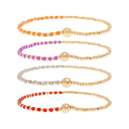Gold Beaded Stackable Friendship Bracelets Set for Women, Handmade Boho Stretch Summer Jewelry Gift. - color: gold orange gray red purple