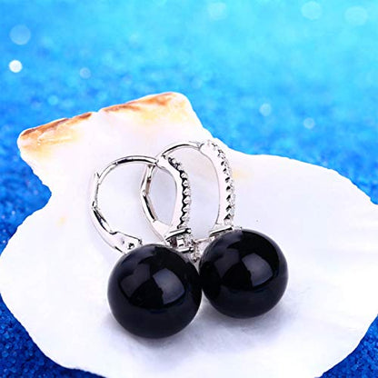 JO WISDOM 925 Sterling Silver Freshwater Pearl Hoop Earrings with Dangle Real Pearl,Simulated Pearls - color: C-10mm black pearl,round shape
