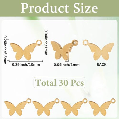 SUNNYCLUE 1 Box 30Pcs Stainless Steel Butterfly Charms Gold Butterflies Charms Bulk Alloy Metal Fly Wings Small Insect Pendants for Jewelry Making Supplies DIY Craft Necklace Bracelet Earring Women - color: Gold