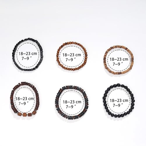 Mens Beaded Bracelets Tribal Wooden Elastic Adjustable Prayer Beads Wrap Cuff for Women - color: T: 6pcs