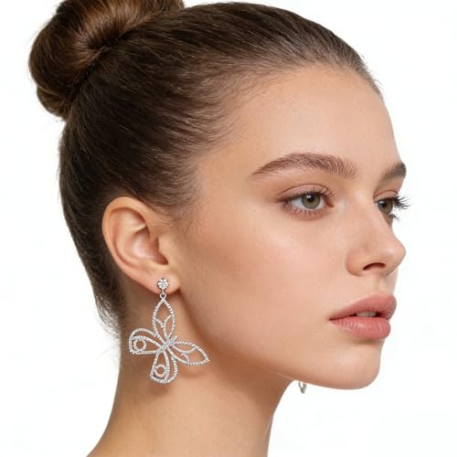 Rhinestone Earrings Dangling for Women Sparkly Silver Dangle Earrings Girls Long Chandelier Earrings Tassel Lightweight Ear Studs Cubic Zirconia (KE001S-W) - color: Bow Butterfly 516305S-W