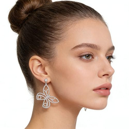 Rhinestone Earrings Dangling for Women Sparkly Silver Dangle Earrings Girls Long Chandelier Earrings Tassel Lightweight Ear Studs Cubic Zirconia (KE001S-W) - color: Bow Butterfly 516305S-W