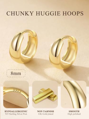 Bestyle Gold Huggies Earrings for Women Hypoallergenic 925 Sterling Silver Post Huggie Hoop Earrings Thick Lightweight Small Hoop Earrings 8/10/12/14mm - color: Gold, size: 8mm