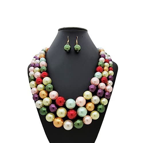 Simulated Pearl Necklace & Earring Set, Multi Strand - color: Bright Mix
