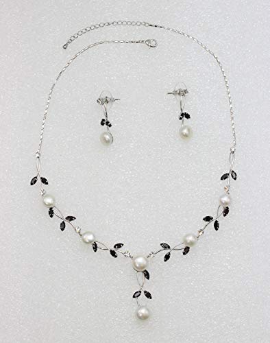 Faship Genuine Freshwater Pearls Floral Necklace Earrings Set | Premium CZ Crystal, Gorgeous, Sparkling - color: Black