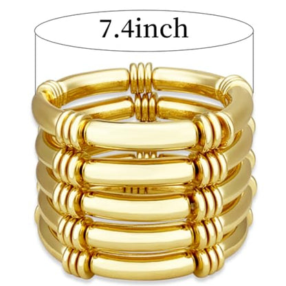 YBMYCM 5PCS Gold Chunky Bangles Bracelets for Women | 14k Gold Plated Stackable Layered Curved Bamboo Tube Stretch Bracelets Bangle Gift Jewelry - color: 5pcs G