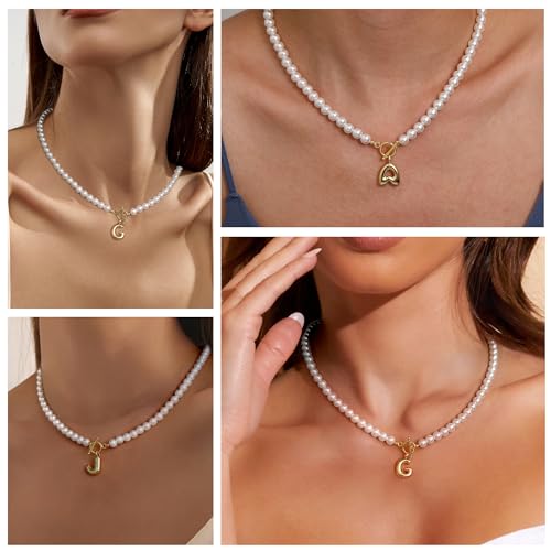 Pearl Necklaces for Women Bubble A-Z Initial Necklace Gold Dainty Pearl Choker Necklace Anniversary Birthday Graduation Gifts for Her Teen Stocking Stufffers Christmas Jewelry - color: U