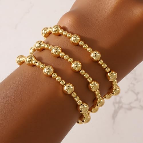 14K Gold Plated Beaded 3Pcs Stack Bracelets for Women, Dainty Trendy Freshwater Stackable Pearl Paperclip Cross Chain Gold Balls Stretch Accessories Jewelry Vacation Gift - color: gold