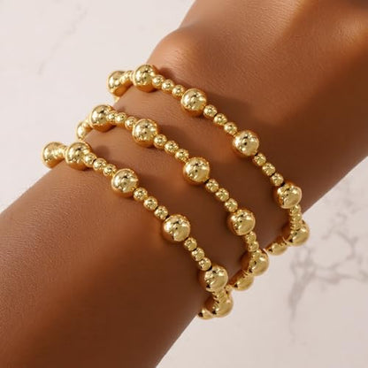 14K Gold Plated Beaded 3Pcs Stack Bracelets for Women, Dainty Trendy Freshwater Stackable Pearl Paperclip Cross Chain Gold Balls Stretch Accessories Jewelry Vacation Gift - color: gold