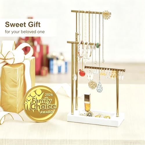 SRIWATANA Jewelry Organizer Display Extra Tall Necklace Holder 3 Tier Jewelry Tree Stand, Gift Idea (White & Gold) | Modern Luxury Jewelry Tree with Wood Base Tray; Ideal to Organize Long Necklaces, Earrings, Rings - color: White & Gold