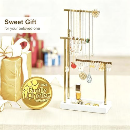 SRIWATANA Jewelry Organizer Display Extra Tall Necklace Holder 3 Tier Jewelry Tree Stand, Gift Idea (White & Gold) | Modern Luxury Jewelry Tree with Wood Base Tray; Ideal to Organize Long Necklaces, Earrings, Rings - color: White & Gold