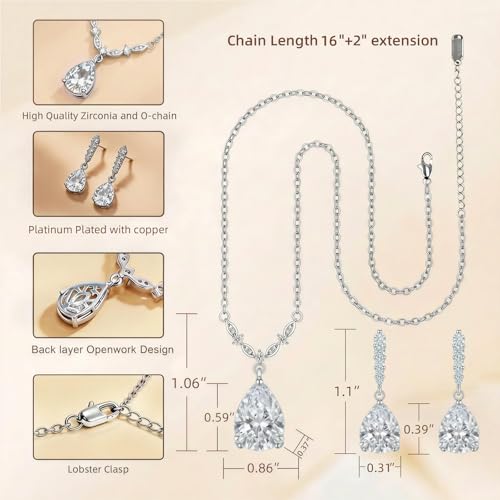 Platinum Plated Cubic Zirconia Teardrop Pendant Necklace Dangle Earrings Set, Silver Jewelry Set for Women,Wedding Jewelry Set for Bride,Bridesmaid Jewelry Gift, Gift for Valentine's Day, Birthday - color: White