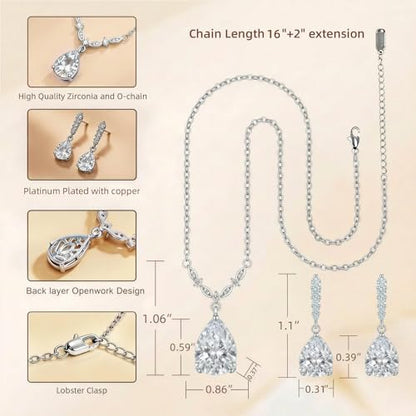 Platinum Plated Cubic Zirconia Teardrop Pendant Necklace Dangle Earrings Set, Silver Jewelry Set for Women,Wedding Jewelry Set for Bride,Bridesmaid Jewelry Gift, Gift for Valentine's Day, Birthday - color: White