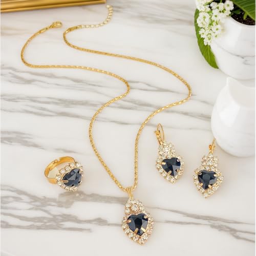 Jewelry Set for Women Love Heart Alloy Artificial Crystal Earrings Pendant Necklace Ring Wedding Party Prom Anniversary Birthday Engagement for Bridal Bridesmaid Girlfriend - color: black Heart