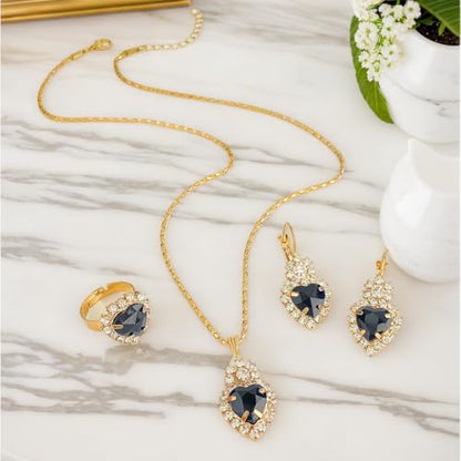 Jewelry Set for Women Love Heart Alloy Artificial Crystal Earrings Pendant Necklace Ring Wedding Party Prom Anniversary Birthday Engagement for Bridal Bridesmaid Girlfriend - color: black Heart