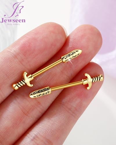 Jewseen 14G Nipple Rings Sword Nipple Piercing Jewelry Surgical Steel Nipple Barbell Straight Bar Body Piercing Jewelry for Women - color: Gold