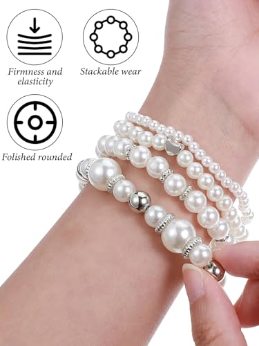 4/8 Pack Pearl Bracelets for Women Simulated Pearl Beaded Stackable Bracelet Set White Pearls Stretch Bracelet Set Multilayered Elastic Pearls Bracelets Bangles for Women Bridal Boho Jewelry - color: Gold Silver