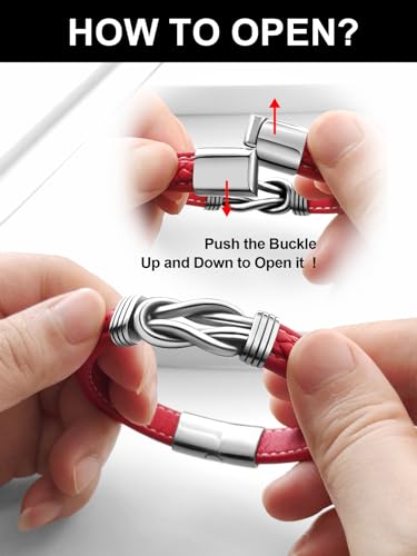 Mens Black Braided Leather Bracelet, Green/Red/Brown/Black Braided Leather Infinity Knot Bracelets for Men with Stainless Steel Clasp, 7.5/8.5/9in Length - color: 05-Red