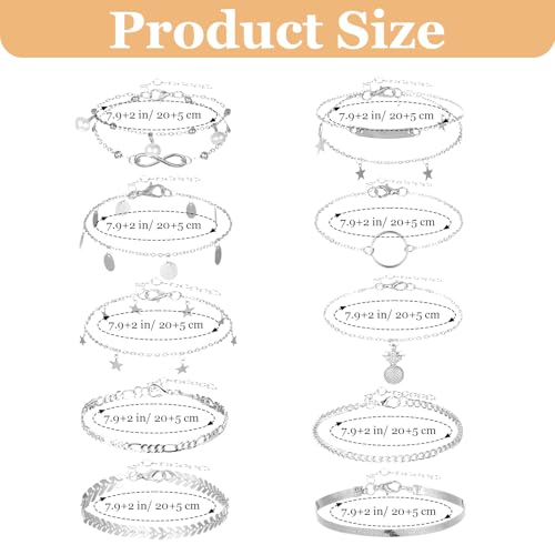 12pcs Gold/Silver Ankle Bracelets for Women Layered Waterproof 14k Cuban Link Chain Anklets Set Adjustable Dainty Summer Beach Gold Accessories Boho Bracelet Jewelry - style: 10PCS Style C