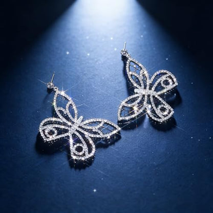 Rhinestone Earrings Dangling for Women Sparkly Silver Dangle Earrings Girls Long Chandelier Earrings Tassel Lightweight Ear Studs Cubic Zirconia (KE001S-W) - color: Bow Butterfly 516305S-W