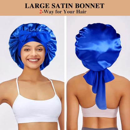 2+3 Large Satin Bonnets with Scrunchies for Women, Hair Bonnet Sleeping Tie Bonnet for Braids Curly Hair - color: J - Purple, Royal