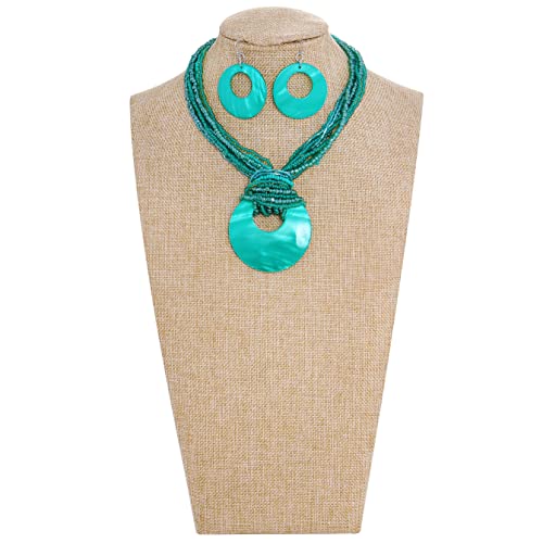 Coiris Multi Strand Statement Colorful Beaded Necklace with Big Circle Shell Pendant for Women - color: Teal-