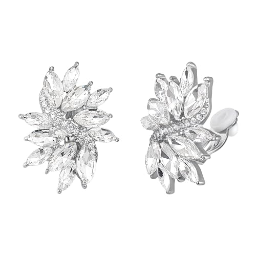 Flyonce Rhinestone Clip On Stud Earrings for Women, Glitter Marquise Crystal Wedding Party Vintage Statement Non Pierced Earring for Brides Bridal Cocktail Prom Jewelry Silver-Tone - color: Clear Silver-Tone