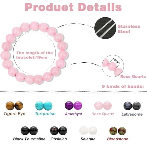 Raicegs 4 6 8MM Beaded Bracelets Healing Crystal Bracelet for Women Men Natural Stone Handmade Stretch Bracelet Reiki Spiritual Jewelry - color: Rose Quartz, size: 10mm