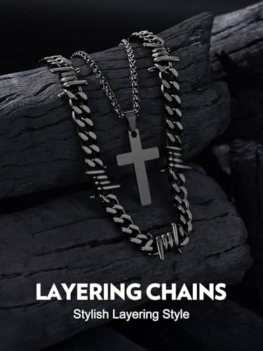 Bandmax Stainless Steel Barbed Wire Cuban Chain Necklace for Men & Women | Edgy Fierce Design, Waterproof & Tarnish Resistant, Silver/Black Tone, 5/7/9/12MM, 16-22 Inches, Street Punk Style Jewelry - color: A5 9MM+Layering Cross-Black, size: 20 Inch (51cm