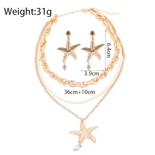 Gold Layered Stackable Starfish Earrings Necklace Sets for Women,Boho Faux Pearl Earrings Chunky Herringbone Pendant Necklace Ocean Matching Jewelry Gifts - color: Golden