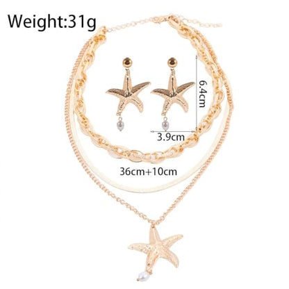 Gold Layered Stackable Starfish Earrings Necklace Sets for Women,Boho Faux Pearl Earrings Chunky Herringbone Pendant Necklace Ocean Matching Jewelry Gifts - color: Golden