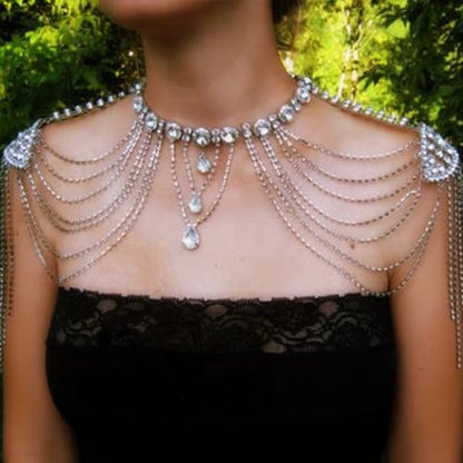 Crystals Tassels Shoulder Chain Necklace Multilayered Body Jewelry Accessory for Women Bridal Wedding Arm Supplies