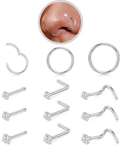 AMASIS Nose Rings and Nose Studs Set, Stainless Steel Hinged Nose Hoops and CZ Studs, Select Sizes and Styles for Nostril Septum Cartilage Piercing Jewelry - color: Silver, size: 12-Piece,Hoops and Studs Sets