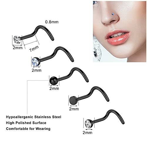 ONESING 9-40 Pcs Nose Rings - Hoops, Studs & L Shape - Hypoallergenic Stainless Steel Nose Piercings for Women & Men - color: Black