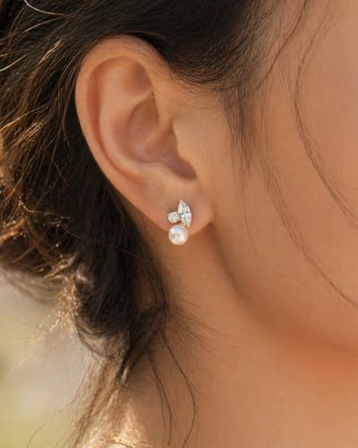 Pearl Earrings - 14k Gold or White Gold Plated Sparkle Cubic Zirconia Dainty Pearl Stud Earrings for Women Wedding Party Bridal - color: gold CZ pearl