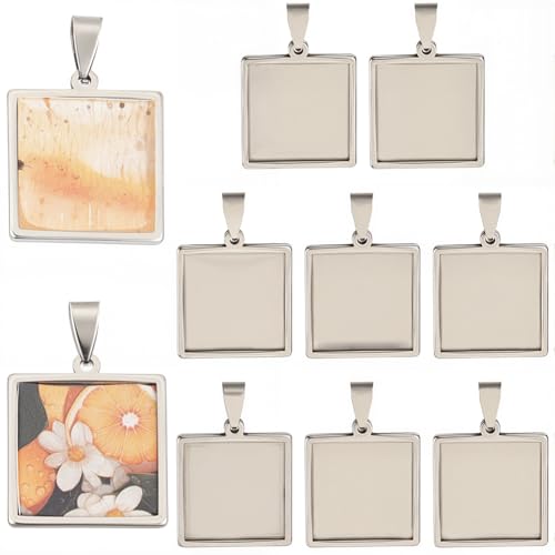1 Box 10Pcs Stainless Steel Pendant Trays Square Bezel Pendant Trays Bulk Silver 20mm Small Cabochon DIY Charm Blank Bezel Base for Jewelry Making Resin Craft Photo Necklace Bracelets Adults - style: silver square