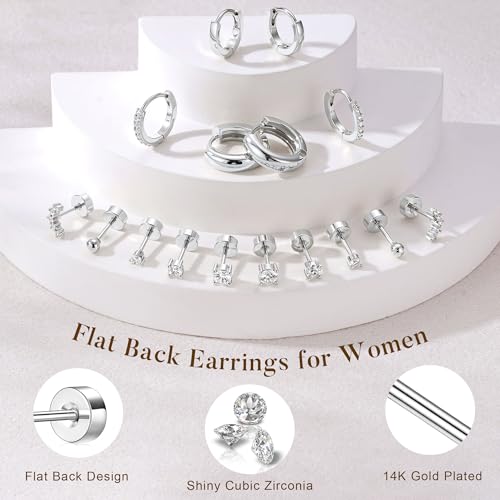 Turandoss 8 Pairs Gold Stud Hoop Earrings for Women | 14K Gold Plated Small Huggie Hoop Earrings, Flat Back Cartilage Earring Stacks Set, Multiple Piercing, Hypoallergenic - color: Silver Plated