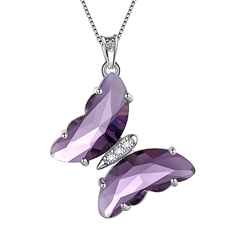 Aurora Tears Butterfly Necklace Earrings Ring Bracelet - Women 925 Sterling Silver Animal Butterflies Birthstone Pendant Crystal Wedding Birthday Jewelry - color: pendant-B.February-purple
