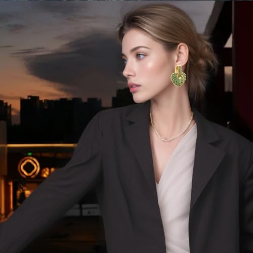 Crystal Heart Hoop Earrings for Women Dainty Fashion Heart Huggie Earrings Colourful Sparkly Crystal 14k Gold Love Heart Dangle Drop Earrings Valentine’s Day Statement Jewelry Gifts - color: Green