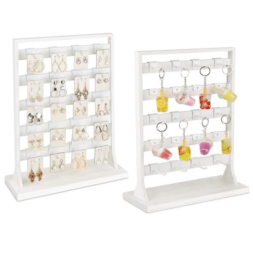 Ikee Design Wooden Jewelry Earring Display Rack, 20 Removable Metal Hooks | Wooden 5 Tiers Jewelry Display Rack with Hooks: Comes with 20 removable metal hooks for earrings, earring cards, bracelets. - color: e) Wash White w/White Hook, 2 Pieces
