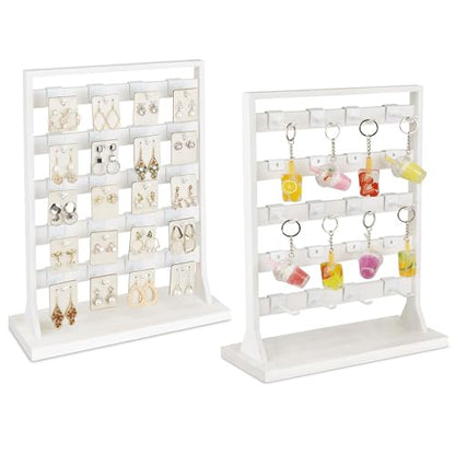 Ikee Design Wooden Jewelry Earring Display Rack, 20 Removable Metal Hooks | Wooden 5 Tiers Jewelry Display Rack with Hooks: Comes with 20 removable metal hooks for earrings, earring cards, bracelets. - color: e) Wash White w/White Hook, 2 Pieces