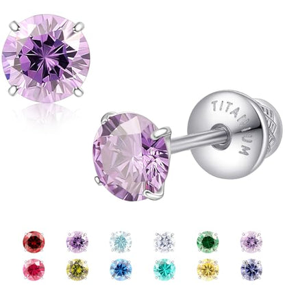 Limerencia Birthstone Screw Back Earrings G23 Implant Grade Titanium Stud Earrings Hypoallergenic Cubic Zirconia Posts Studs Jewelry Gifts for Girls Sensitive Ears - color: February
