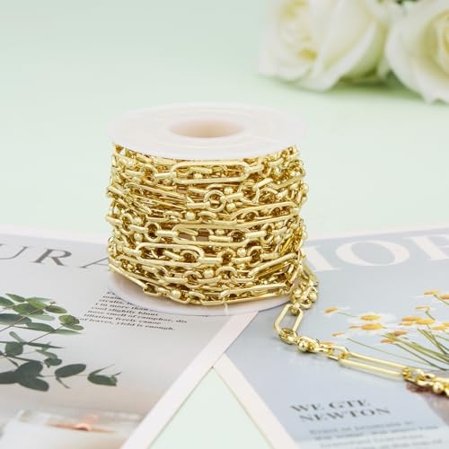 KYUNHOO 16.4 Feet Paperclip Chains for Jewelry Making with Jewelry Clasps | Light Gold Plated Iron Chain Link on Roll with Buckle Women Men Necklace Bracelet DIYJewelry Findings - color: Paperclip Gold