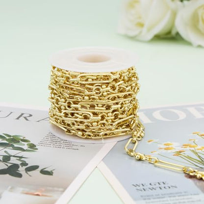 KYUNHOO 16.4 Feet Paperclip Chains for Jewelry Making with Jewelry Clasps | Light Gold Plated Iron Chain Link on Roll with Buckle Women Men Necklace Bracelet DIYJewelry Findings - color: Paperclip Gold