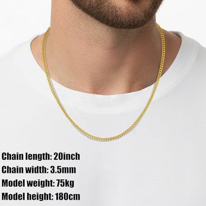 Fiusem 3.5mm Cuban Link Chains for Men, Silver Tone/Black/14K Gold Plated Stainless Steel Necklace Chain, Mens Necklace 16, 18, 20, 22, 24, 26, 28 Inch - size: 18 inches, style: c.3.5mm width-gold plated