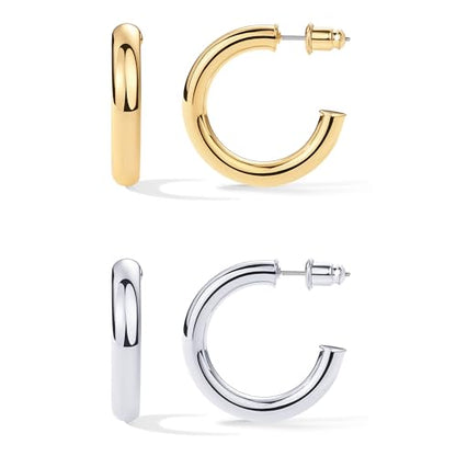 PAVOI Chunky Gold Hoop Earrings for Women, Lightweight 14K Gold Plated | Gold Hoops, Gold Plated Earrings, Womens Earrings, 14K Gold Hoop Earrings - color: Pack, size: 30 MM
